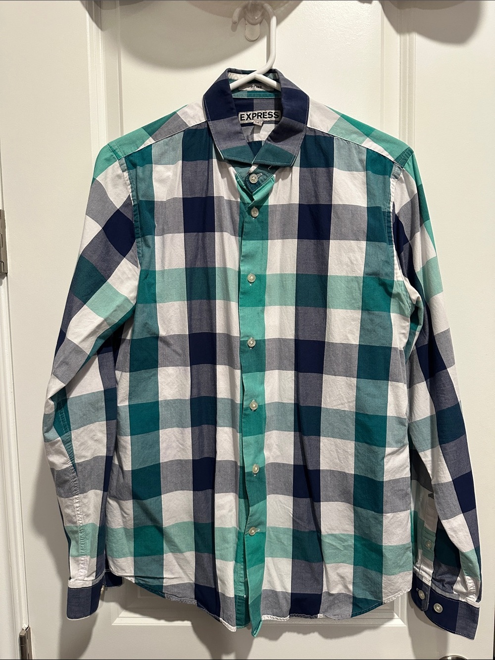 Express Men's Teal Navy White Plaid Button-Down Shirt